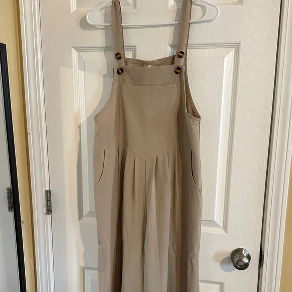 Beige Overall Wide Leg Pants with Button Details. - Picture 1 of 5